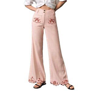Maeve Anthropologie The Junie High-Rise Flare Embroidered Pants Size 34 Pink